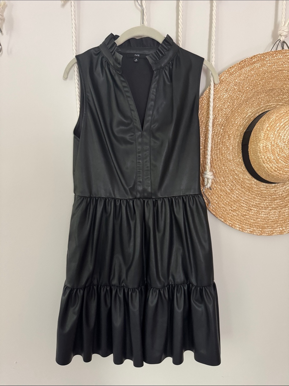 Sleeveless Black Faux Leather Tiered Dress